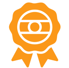 Orange award ribbon with circular emblem.