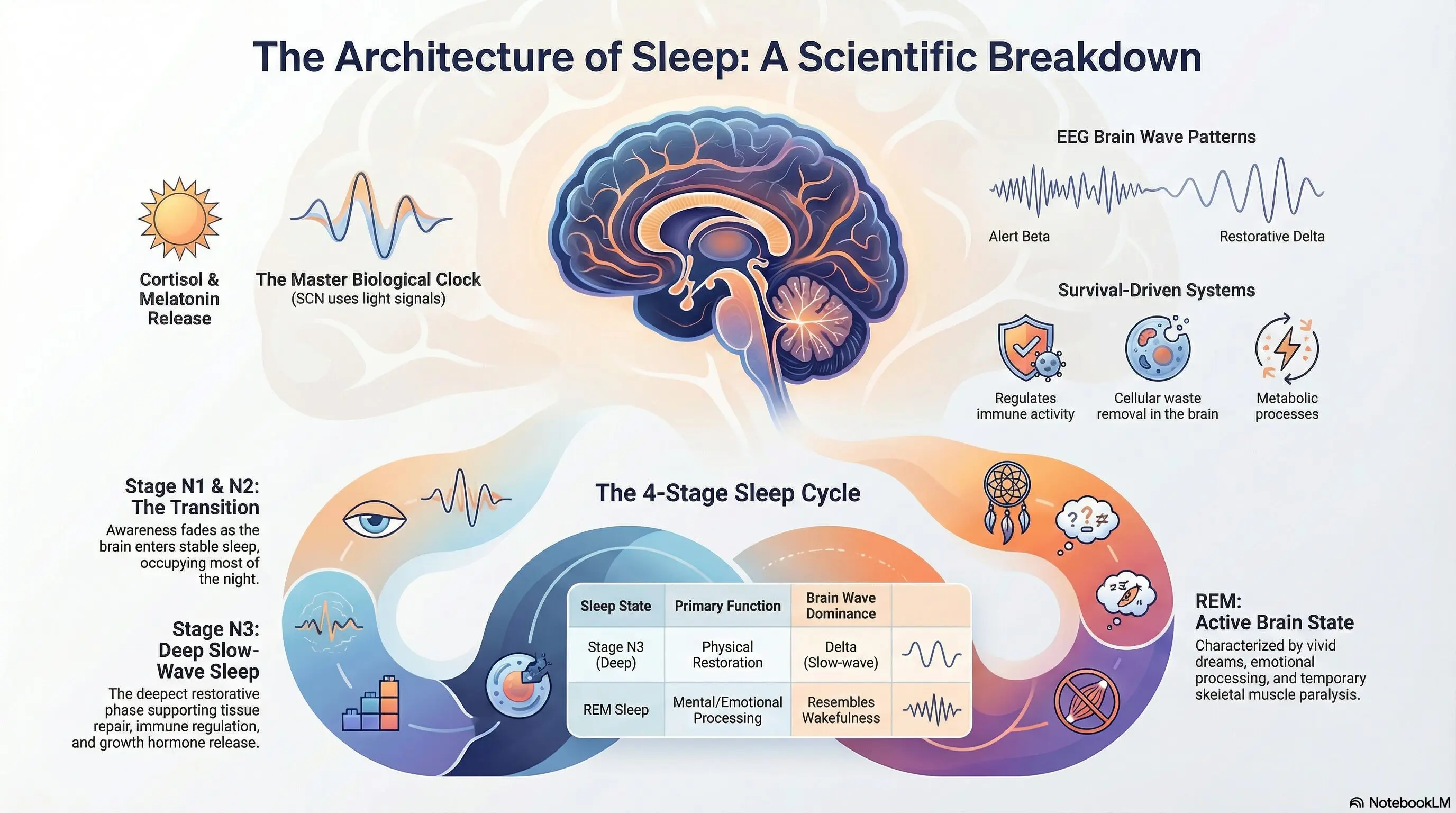 Infographic on sleep architecture and brain activity.