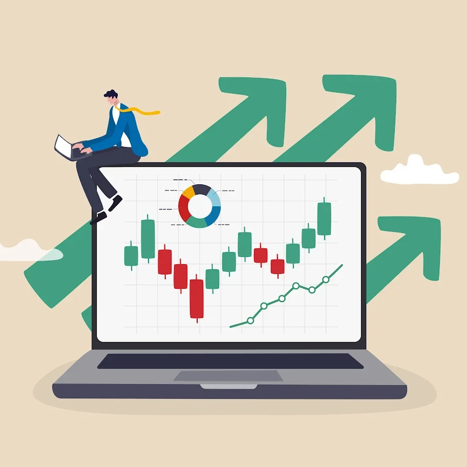 Person analyzing stock market trends on a laptop with upward arrows.
