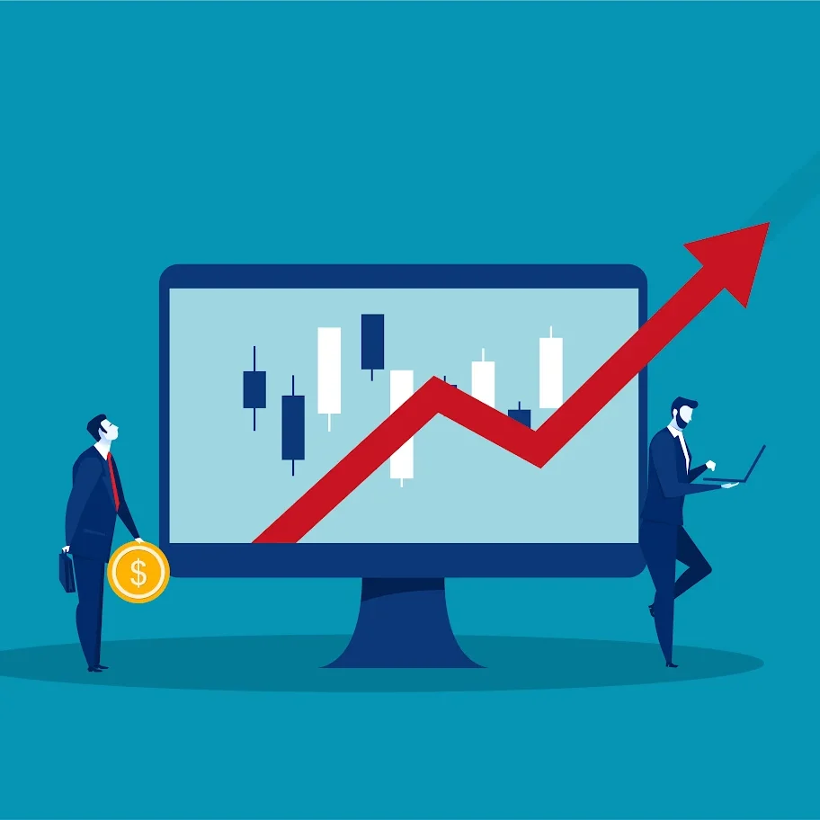 Businesspeople analyzing financial growth shown by an upward graph on a computer screen.